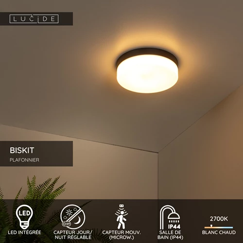 Lucide BISKIT - Plafonnier Salle de bains - Ø 28 cm - LED - 1x18W 2700K - IP44 - Détecteur De Mouvement - Noir - USP